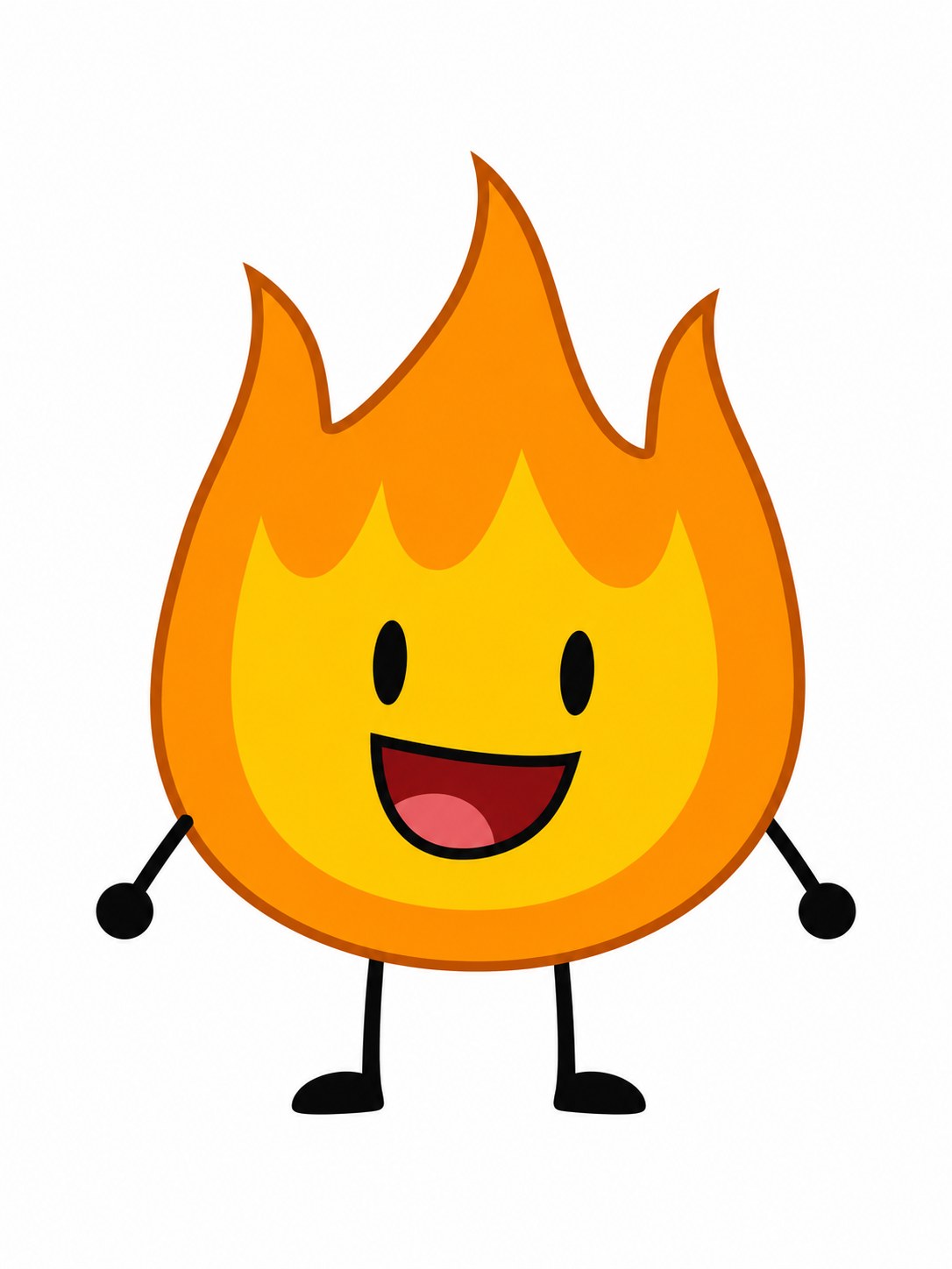 Firey from Battle for Dream Island with an orange flame body, yellow center, and thin black limbs