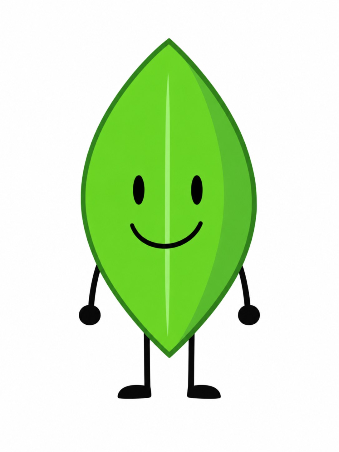 Leafy from Battle for Dream Island with a pointed green leaf body, pale central vein, and black limbs