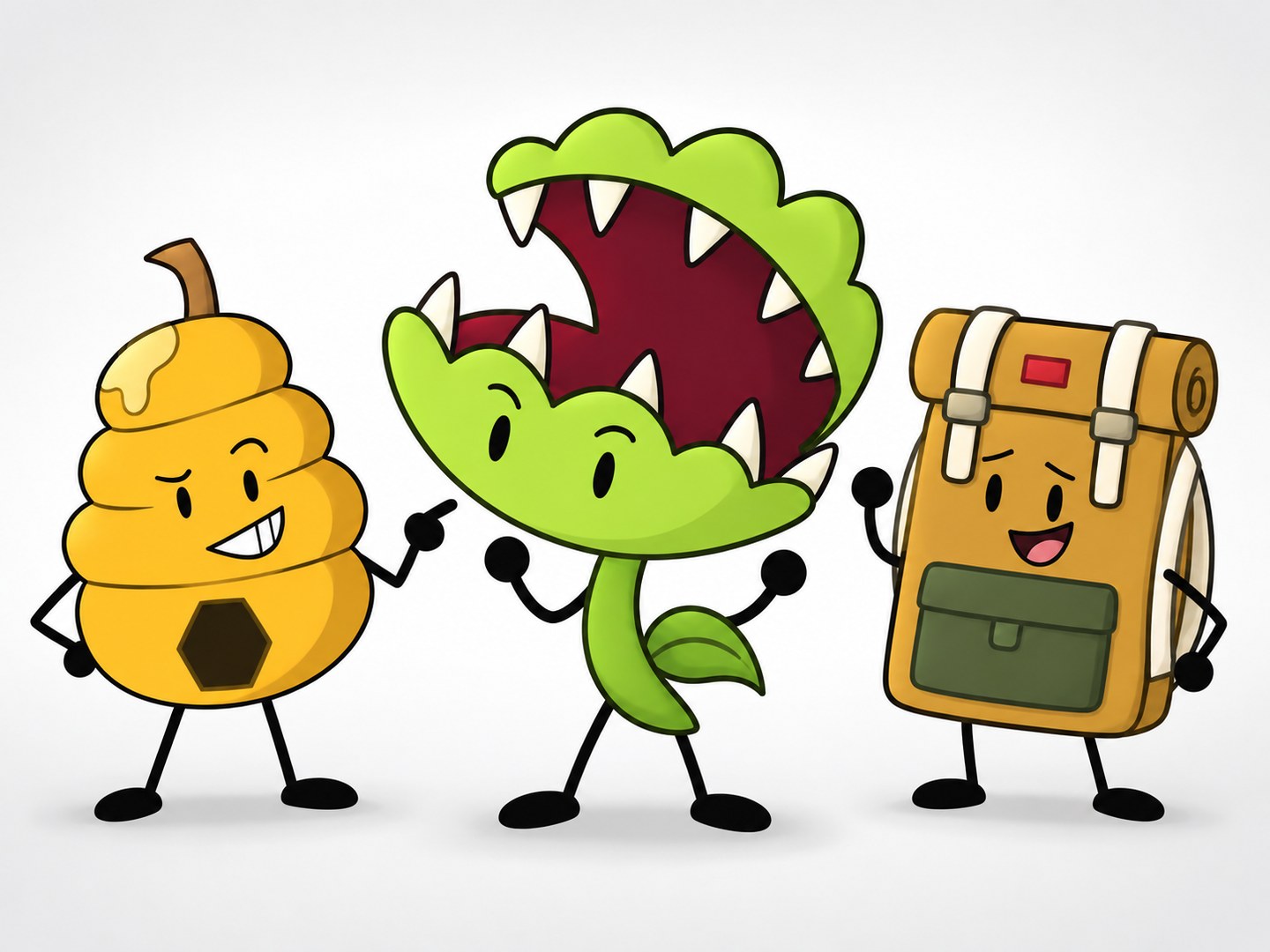 A golden beehive, green toothed plant, and yellow backpack character shown with complete bodies and limbs