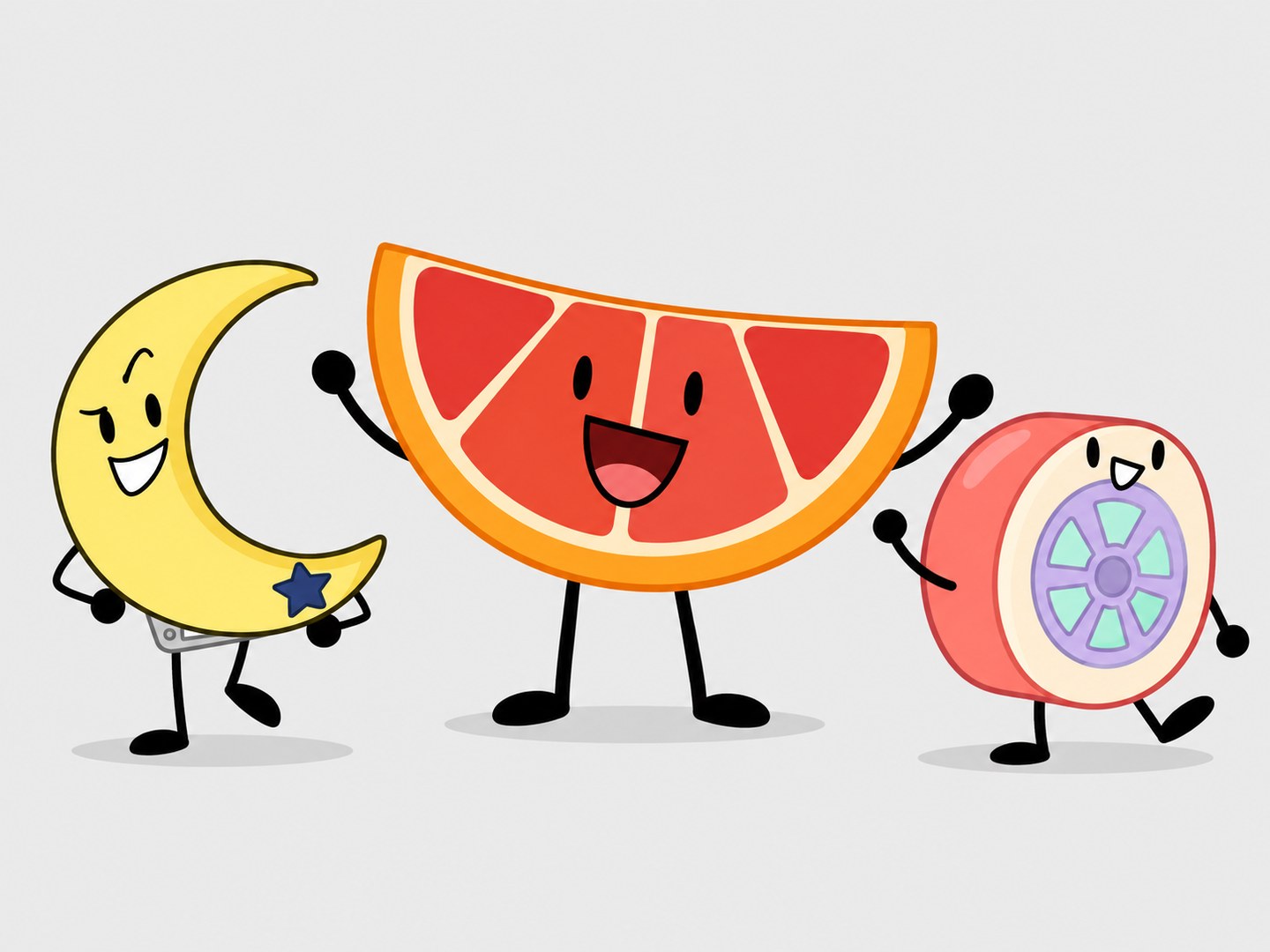 A yellow crescent, orange citrus wedge, and pink wheel character with expressive faces and black stick limbs