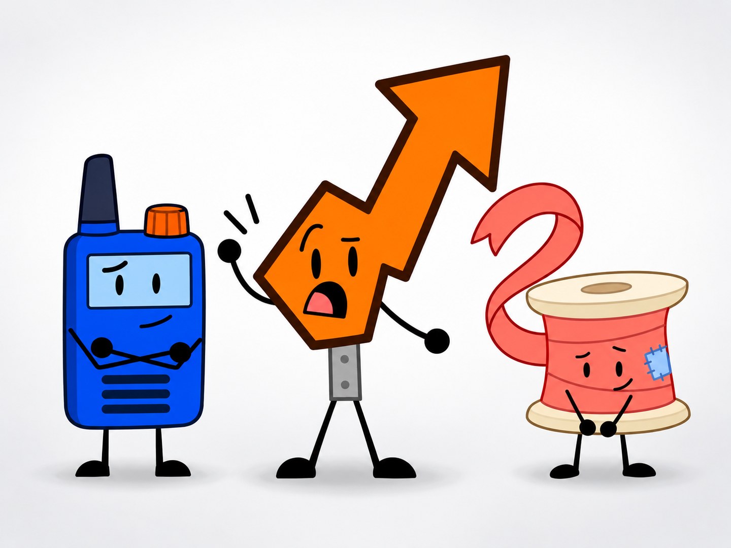 A blue walkie-talkie, orange arrow sign, and coral thread spool with distinct faces and thin black limbs