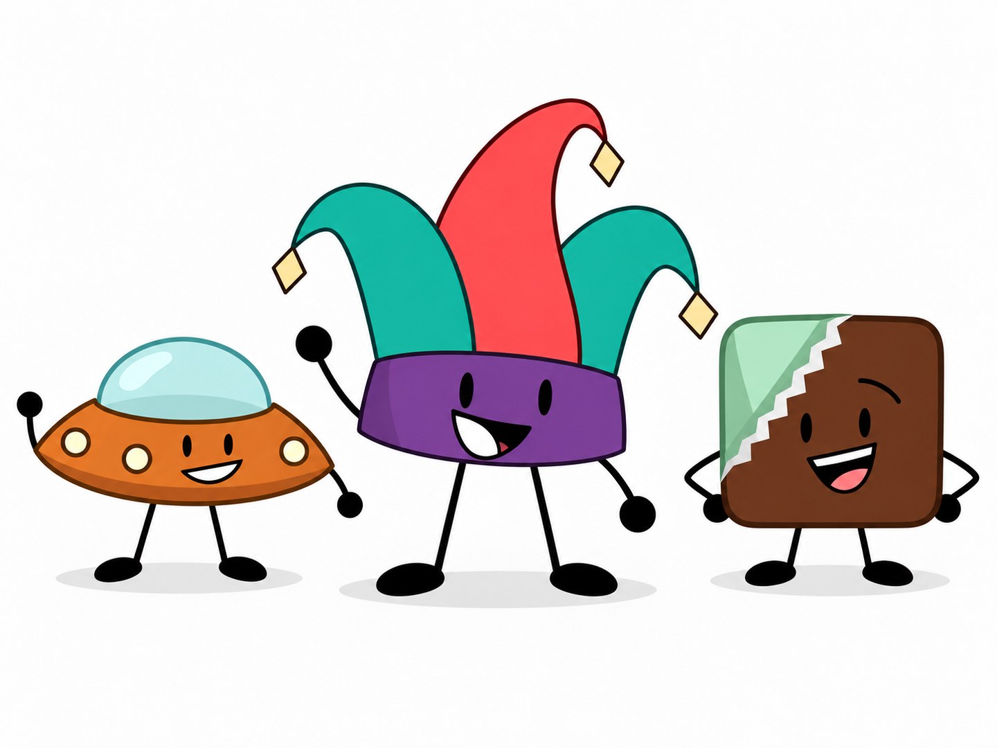 An orange flying saucer, colorful jester hat, and wrapped chocolate character standing together