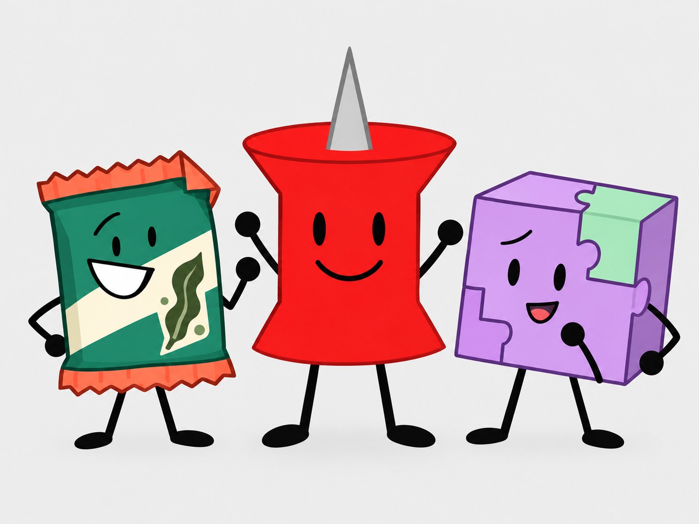 A red pushpin, green snack bag, and purple puzzle cube with cartoon faces and stick limbs