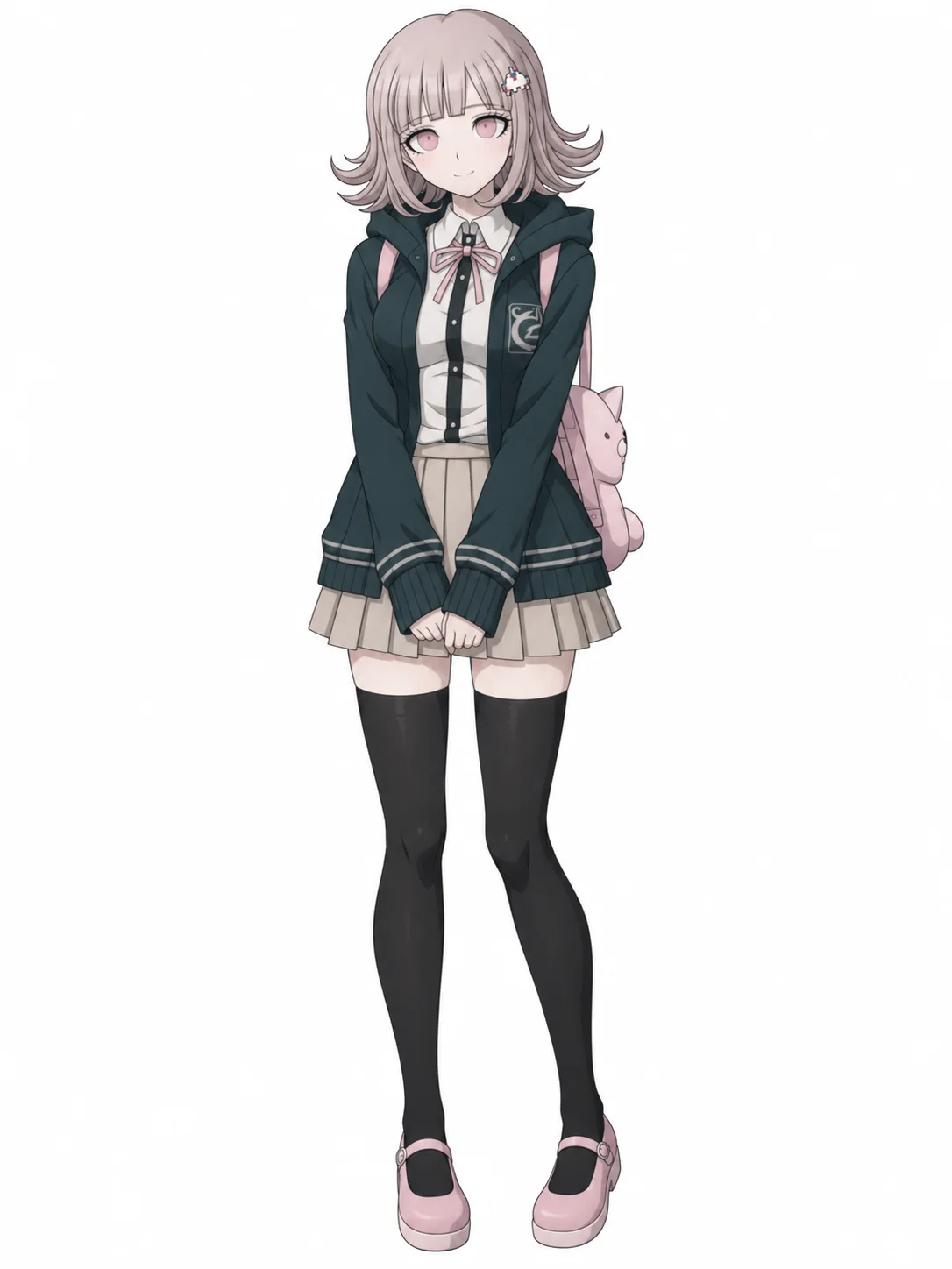 Chiaki Nanami from Danganronpa 2 in her cat-eared hoodie and pink backpack
