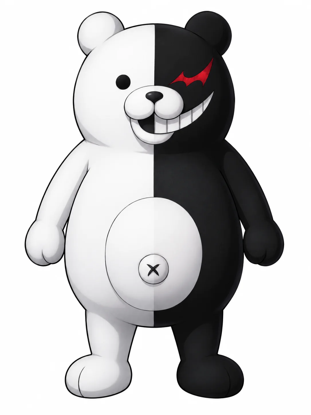 Monokuma from Danganronpa with a split black-and-white bear body and red eye