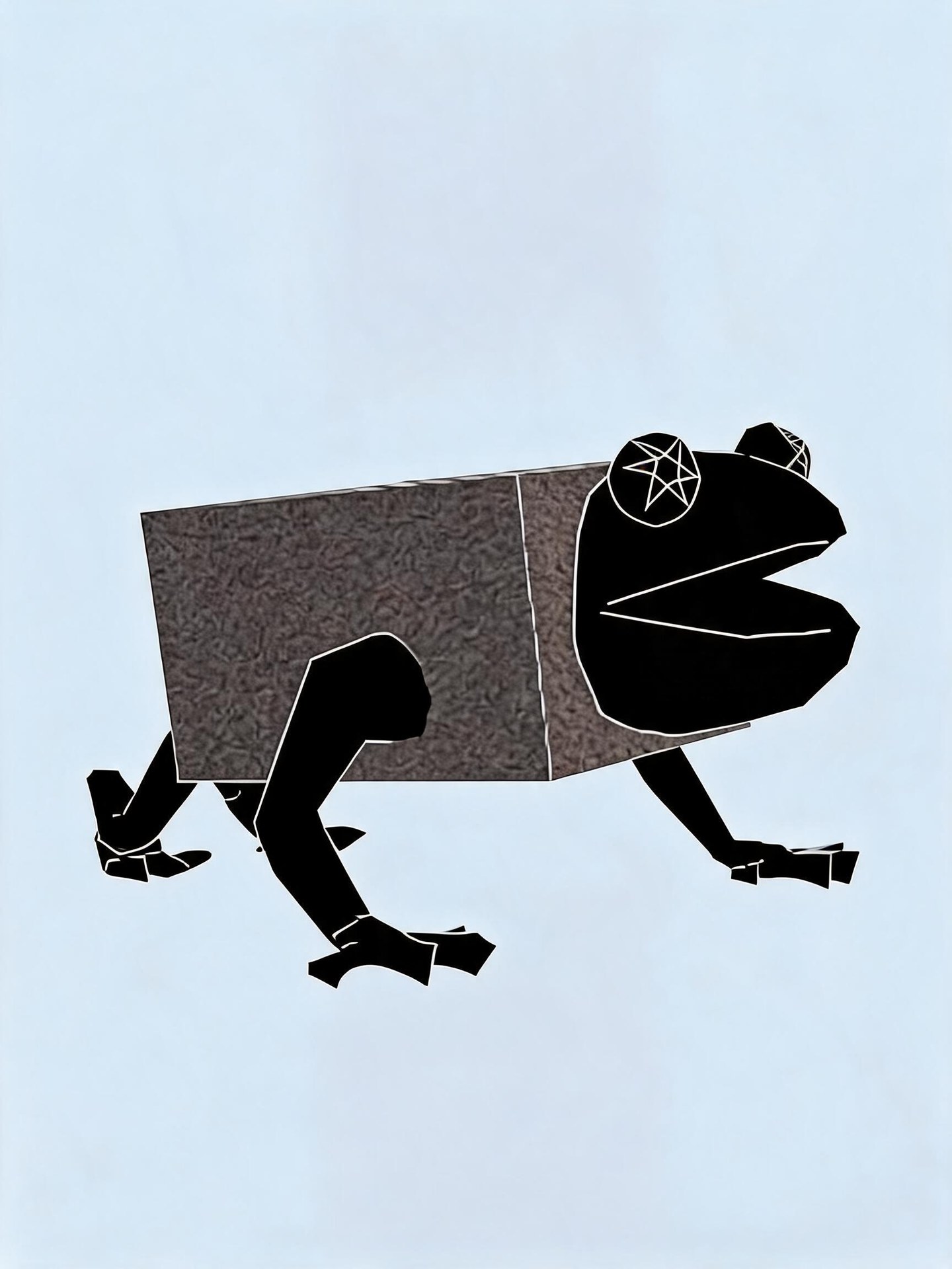 AI-generated Brick Frog with a textured gray brick body, black frog head, white wireframe eyes and four angular legs.