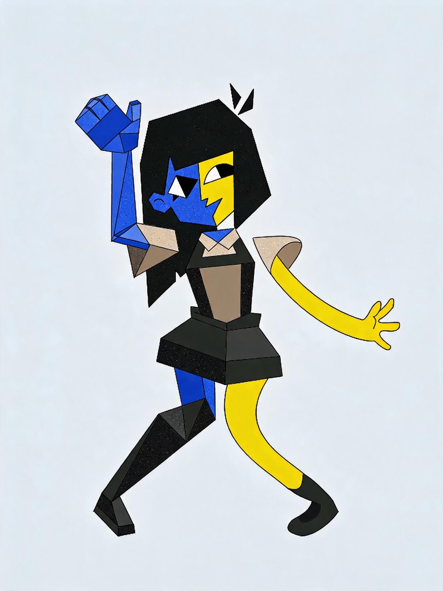 AI-generated ENA with a blue-and-yellow face, angular black hair, cream collar, black skirt and mismatched geometric and curved limbs.