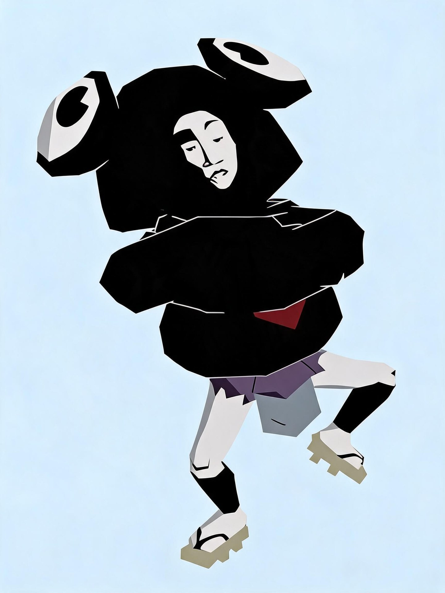 AI-generated Froggy wearing a black frog hood, red tie, purple skirt, gray front panel, black shin wraps and beige sandals.