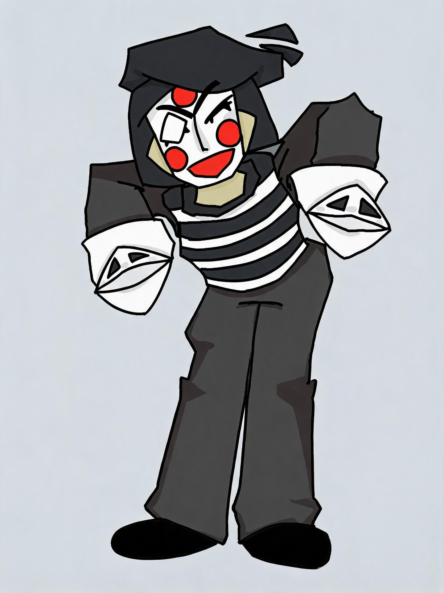 AI-generated Merci with red face markings, black-and-white striped shirt, charcoal trousers and two white puppet hands.
