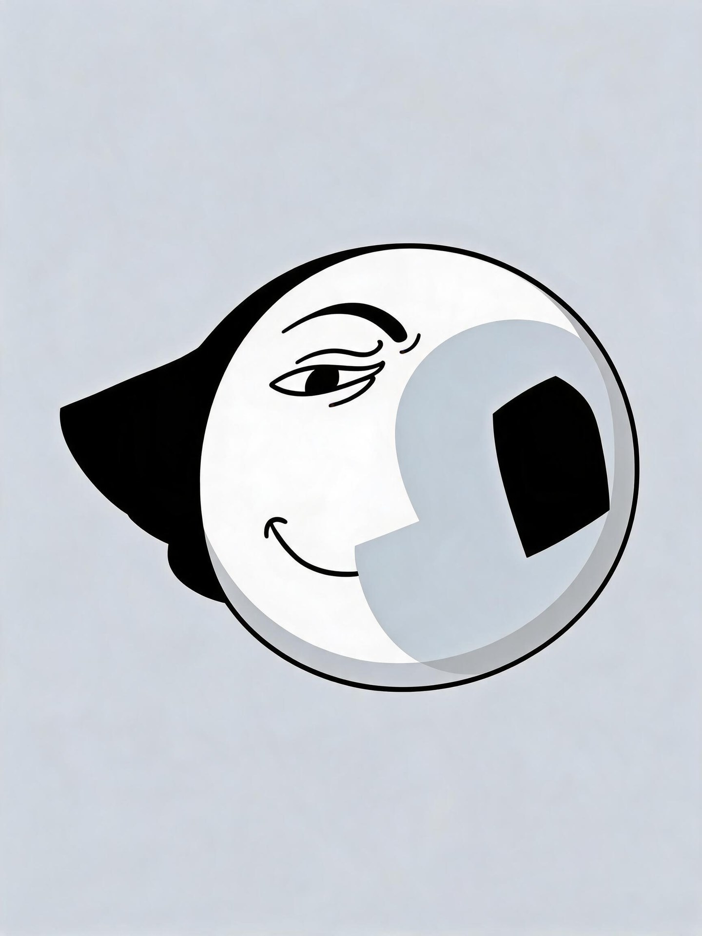 AI-generated Moony as a floating gray sphere with a white crescent face, half-lidded eye, black trailing shape and dark opening.