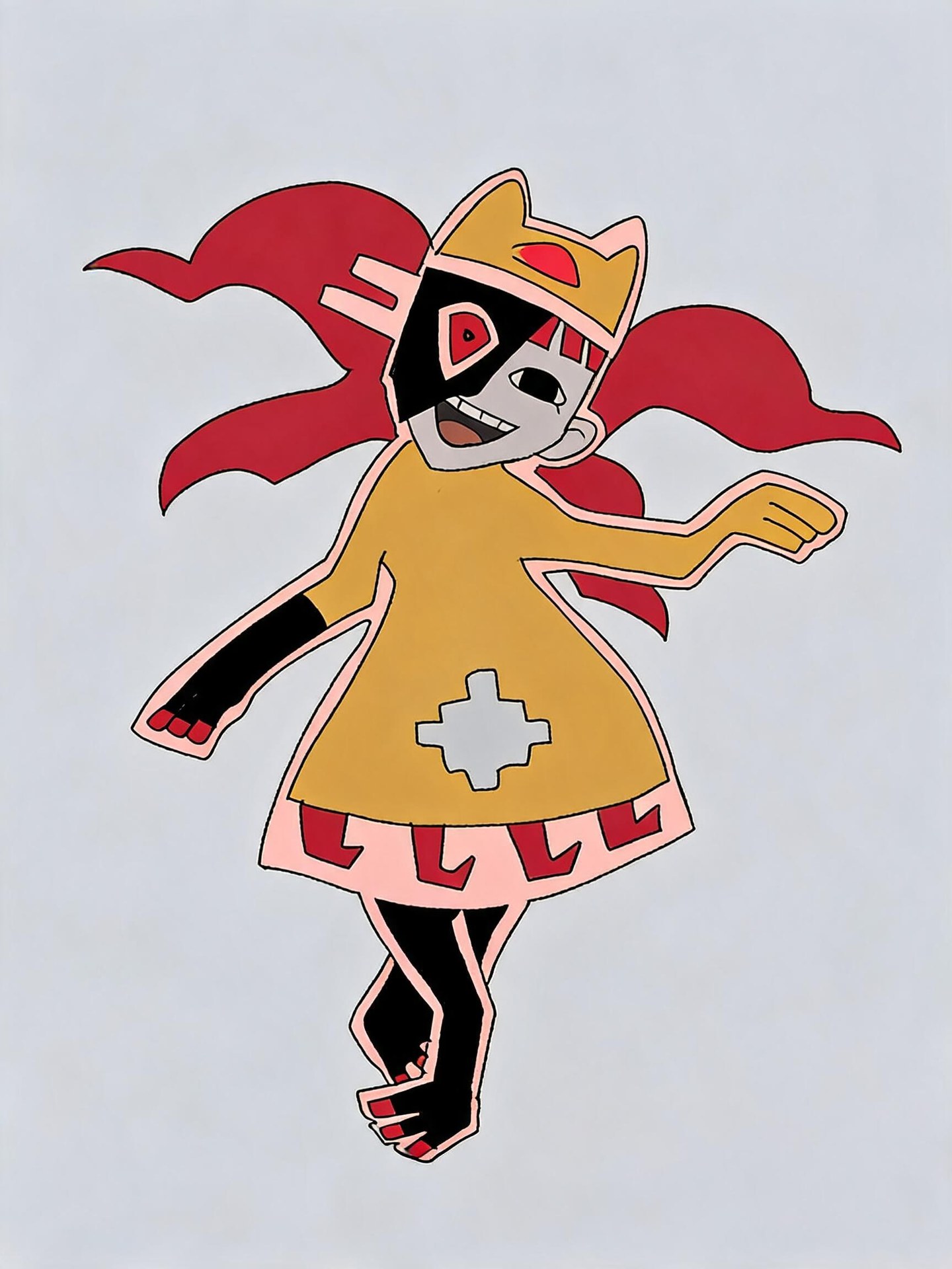 AI-generated Taski Maiden interpretation with red ribbon-like hair, gold pointed hat, mustard dress, pink trim and dark legs.