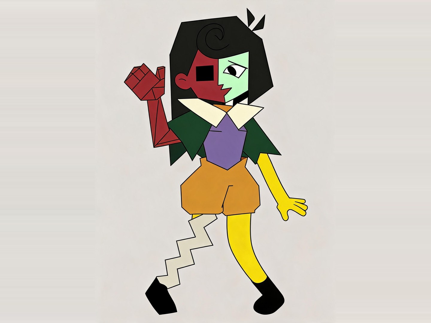 Velvet Signal, an ENA-inspired OC with a maroon-and-mint face, contrasting eyes, green cape and zigzag leg on a gray background.