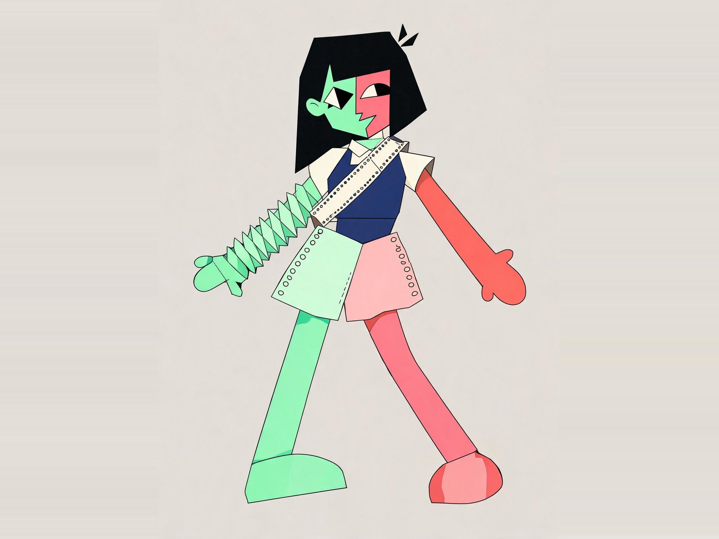 Ticket Orbit, an ENA-inspired OC with a mint-and-coral face, accordion arm and ticket-like skirt panels on a gray background.
