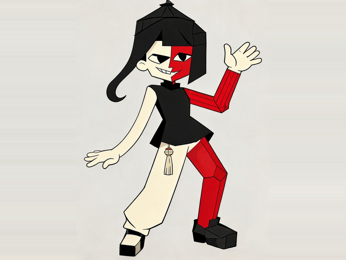 Folded Lantern, an ENA-inspired OC with an ivory-and-red face, angular black hair, black tunic and mismatched legs on a gray background.