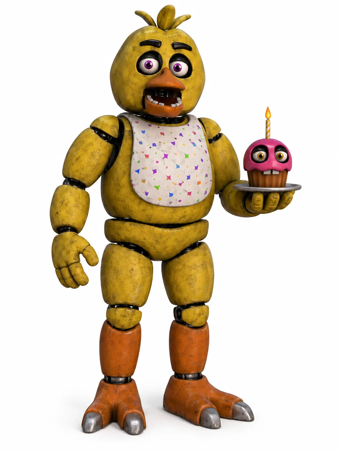 Chica from Five Nights at Freddy's with a confetti-patterned bib and pink cupcake tray