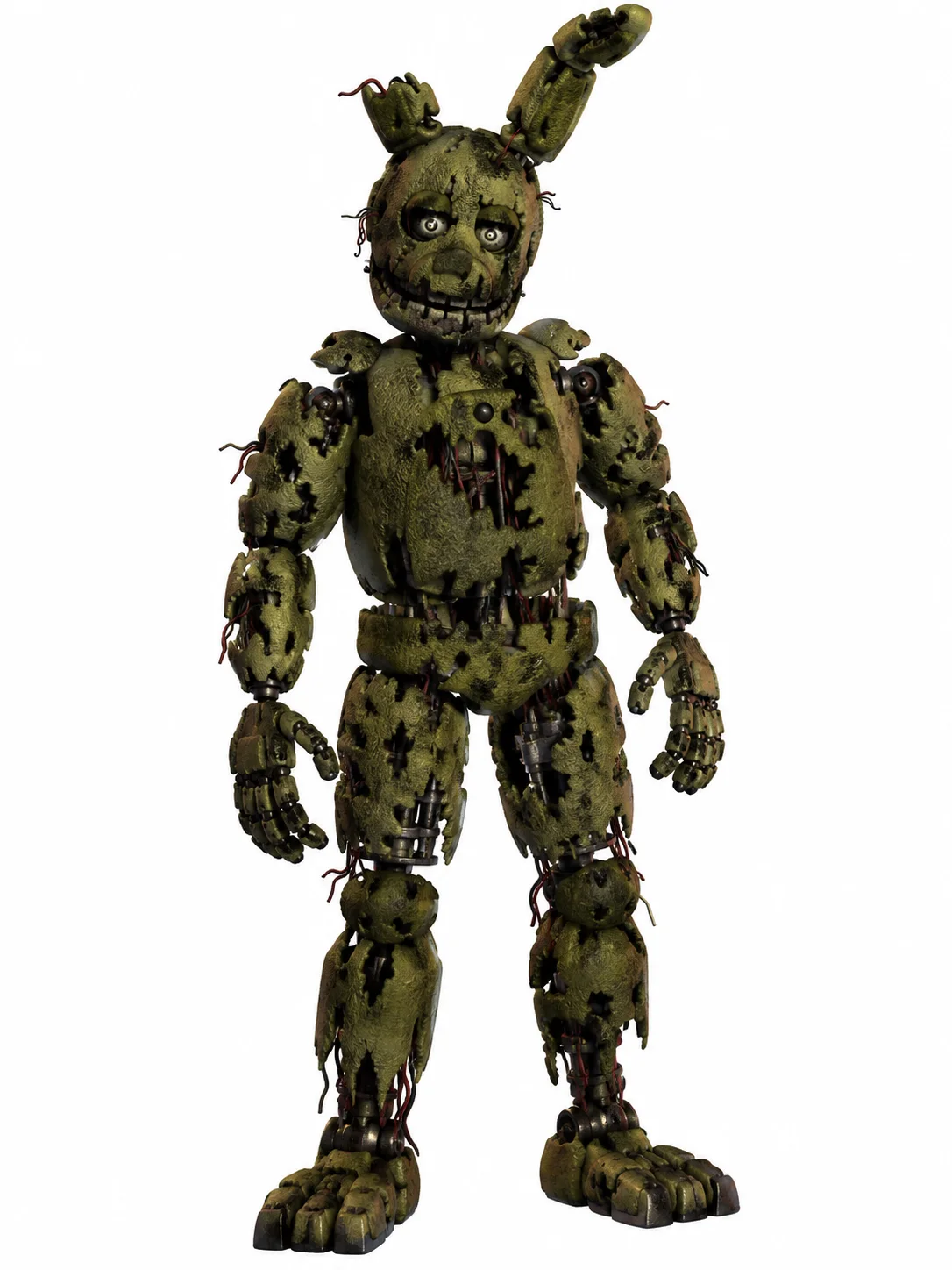 Springtrap from Five Nights at Freddy's 3 in his damaged yellow-green rabbit suit