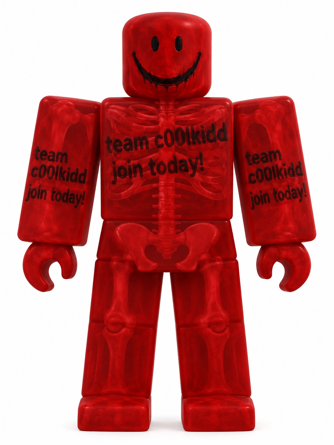 Full-body c00lkidd reference with a red translucent skeleton-like body and dark group markings on white
