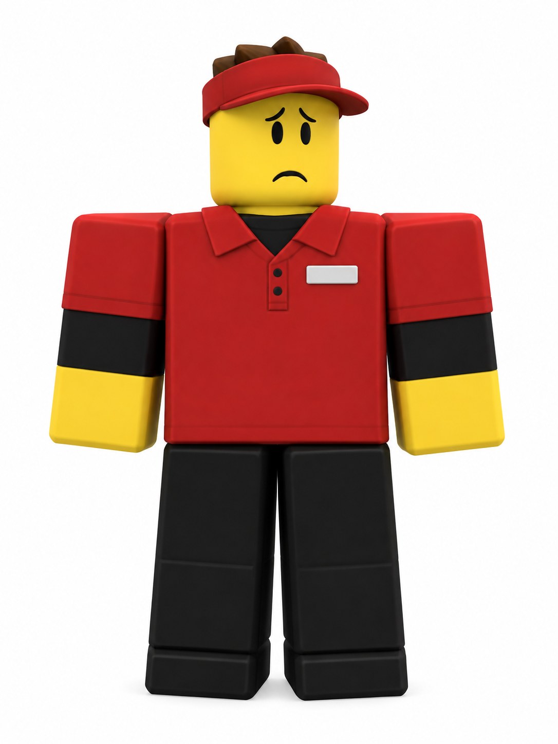 Full-body Elliot reference in a red employee uniform, red visor, and black pants on white