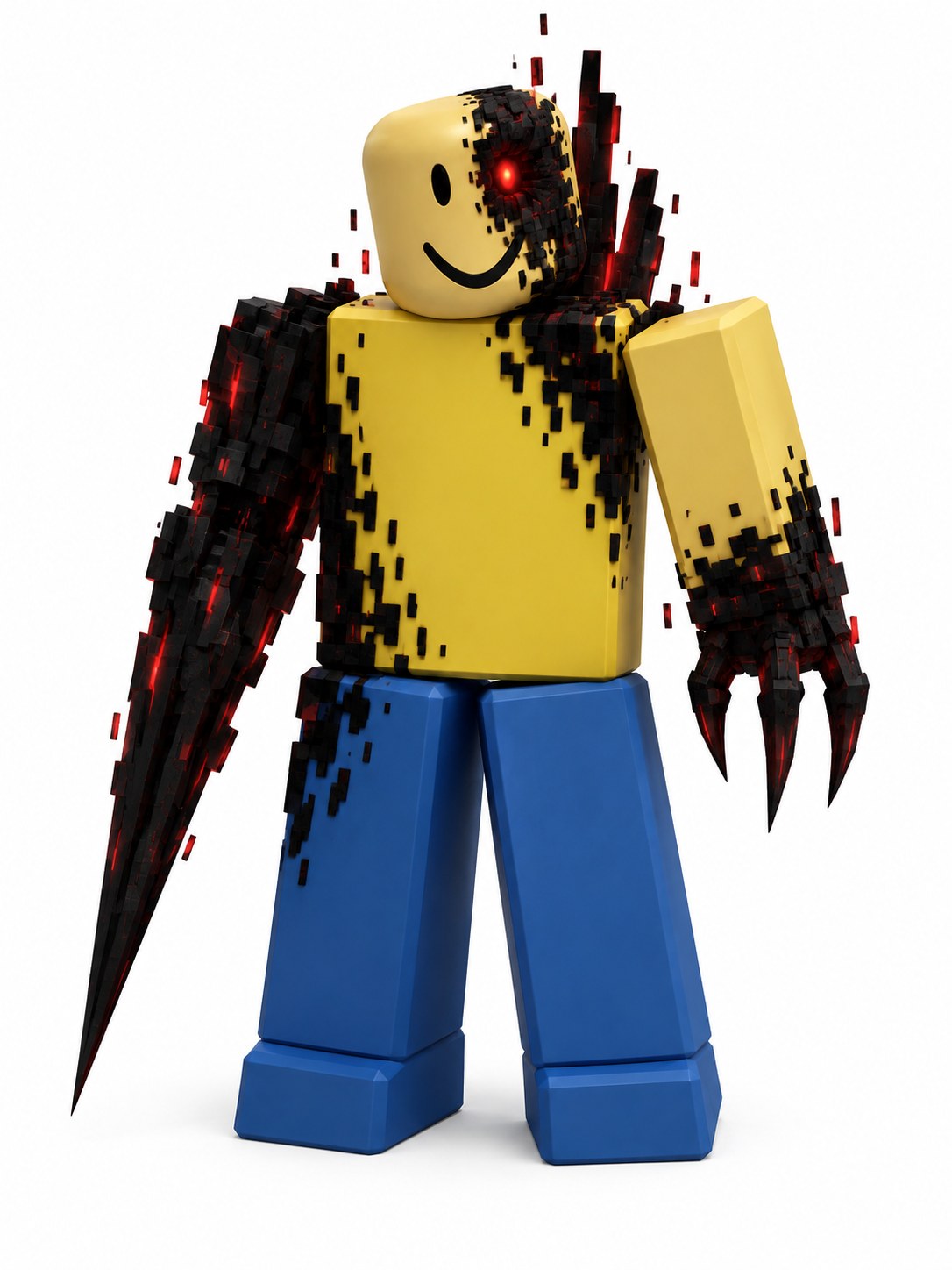 Full-body John Doe reference with a yellow torso, blue legs, red-eyed digital corruption, spike arm, and claw hand on white