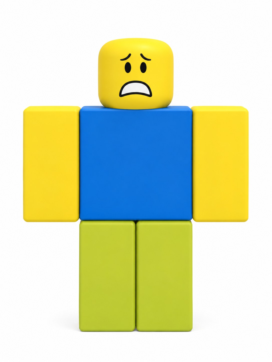 Full-body Noob reference with a fearful yellow face, blue torso, and yellow-green legs on white