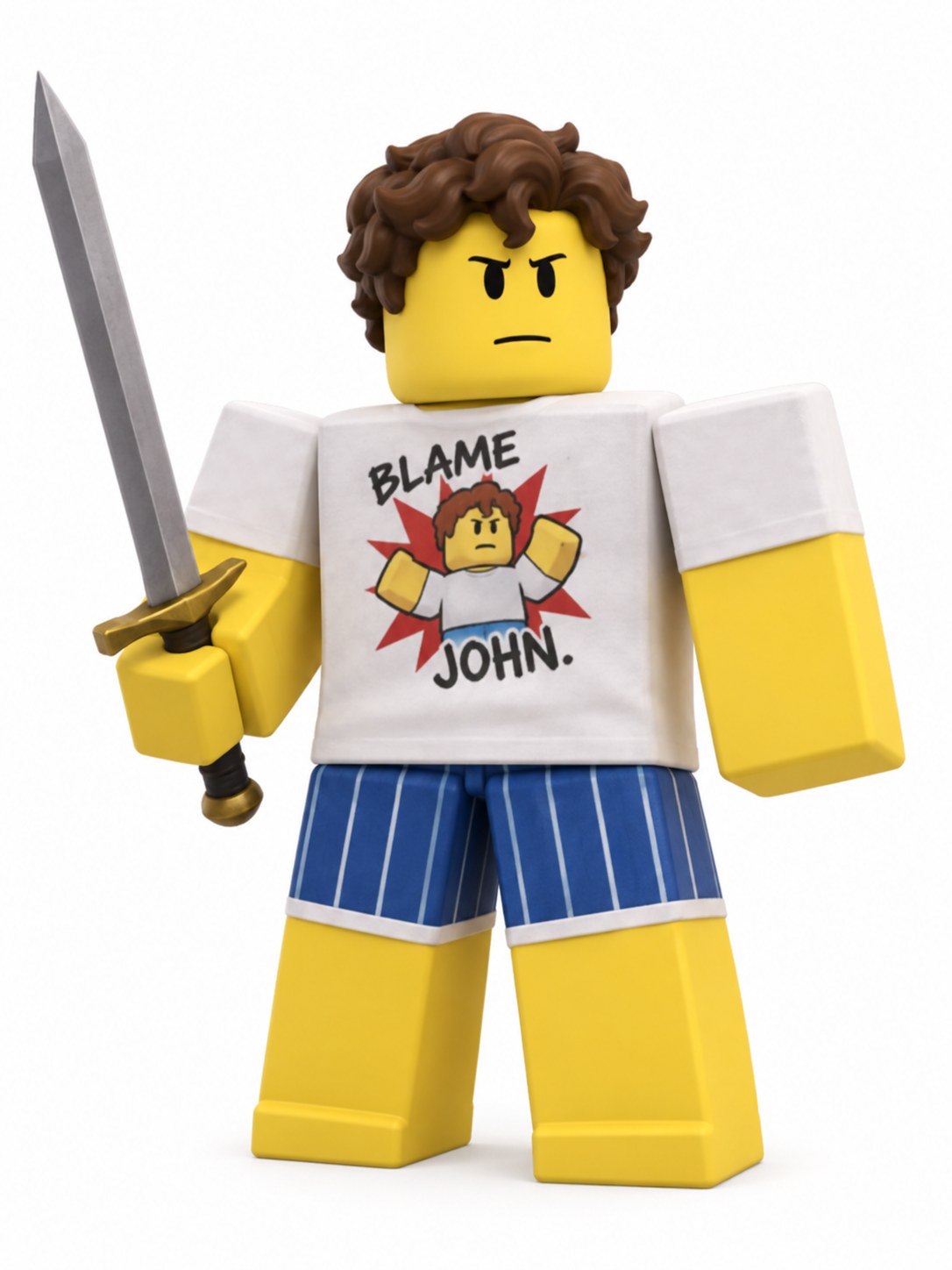 Full-body Shedletsky reference with curly brown hair, a white graphic shirt, blue striped shorts, and sword on white