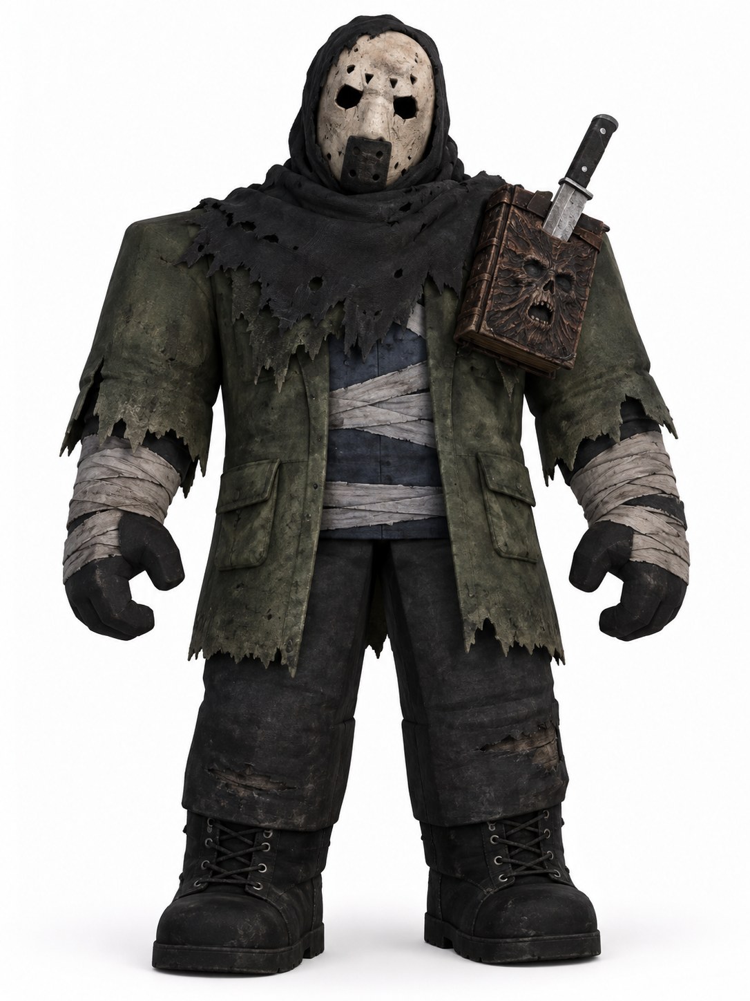 Full-body Slasher reference in a pale mask, torn green coat, bandages, boots, and a shoulder-pinned book on white