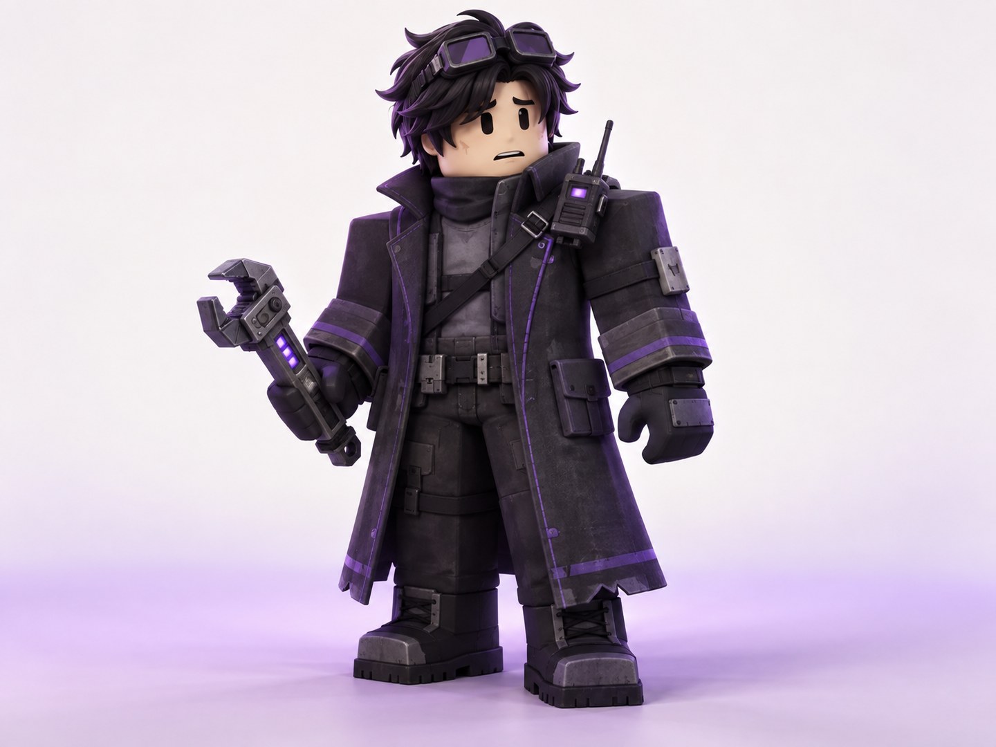 Full-body blocky survivor in a charcoal coat with violet seams, shoulder radio, and repair wrench