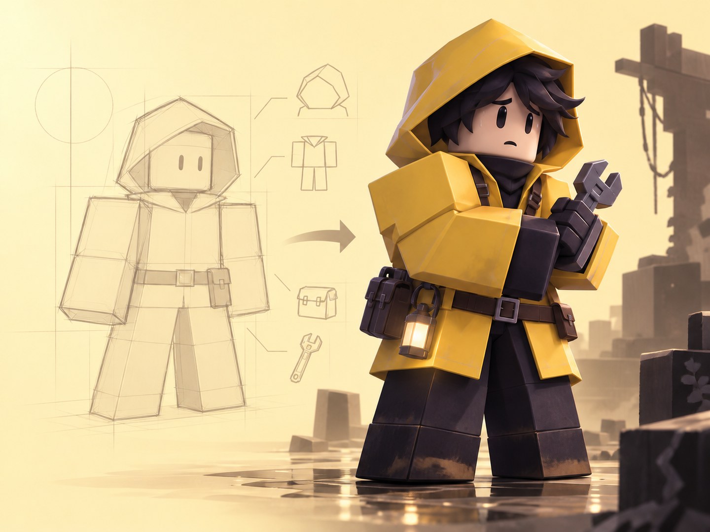 Blocky survivor sketch beside a finished yellow-raincoat survivor holding a repair tool