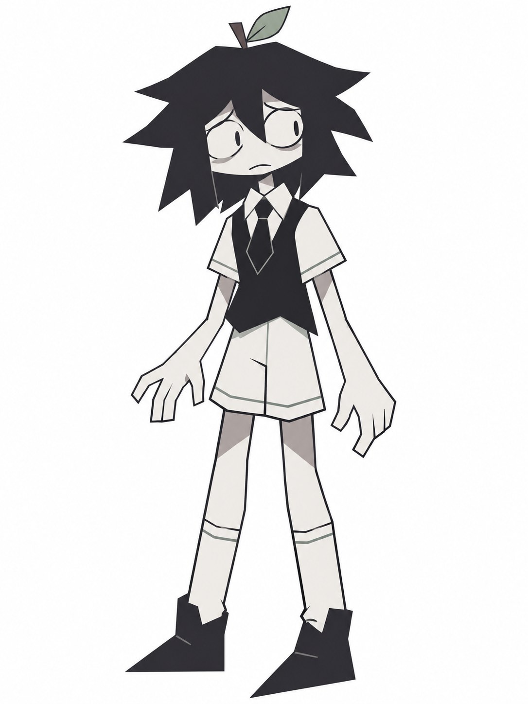 Abbie with jagged black hair, an apple stem and leaf, a worried expression, dark vest and tie, and pale shorts.