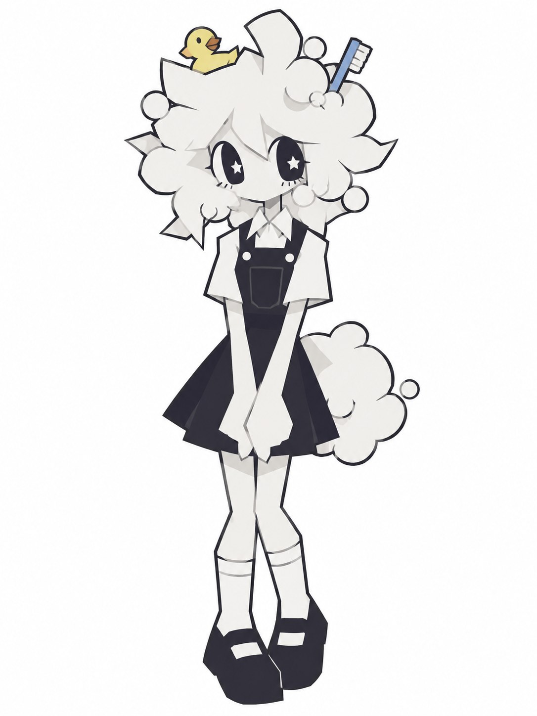 Bubble with cloudlike hair, starry eyes, a yellow duck and blue toothbrush, a black pinafore, and a bubbly tail.