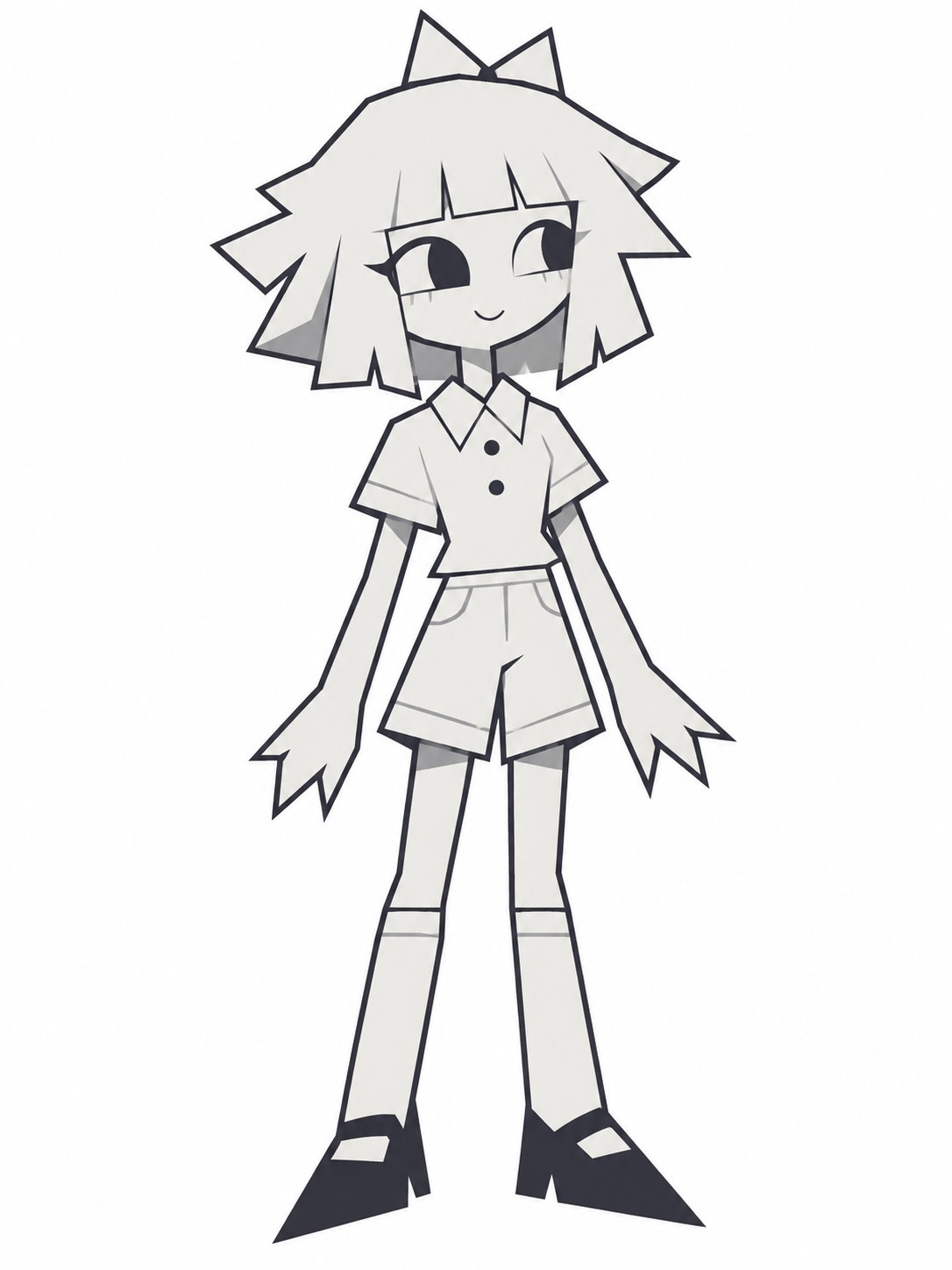 Full-body Claire illustration with a pale bob and bow, white collared shirt, light shorts, long socks, and black pointed shoes.