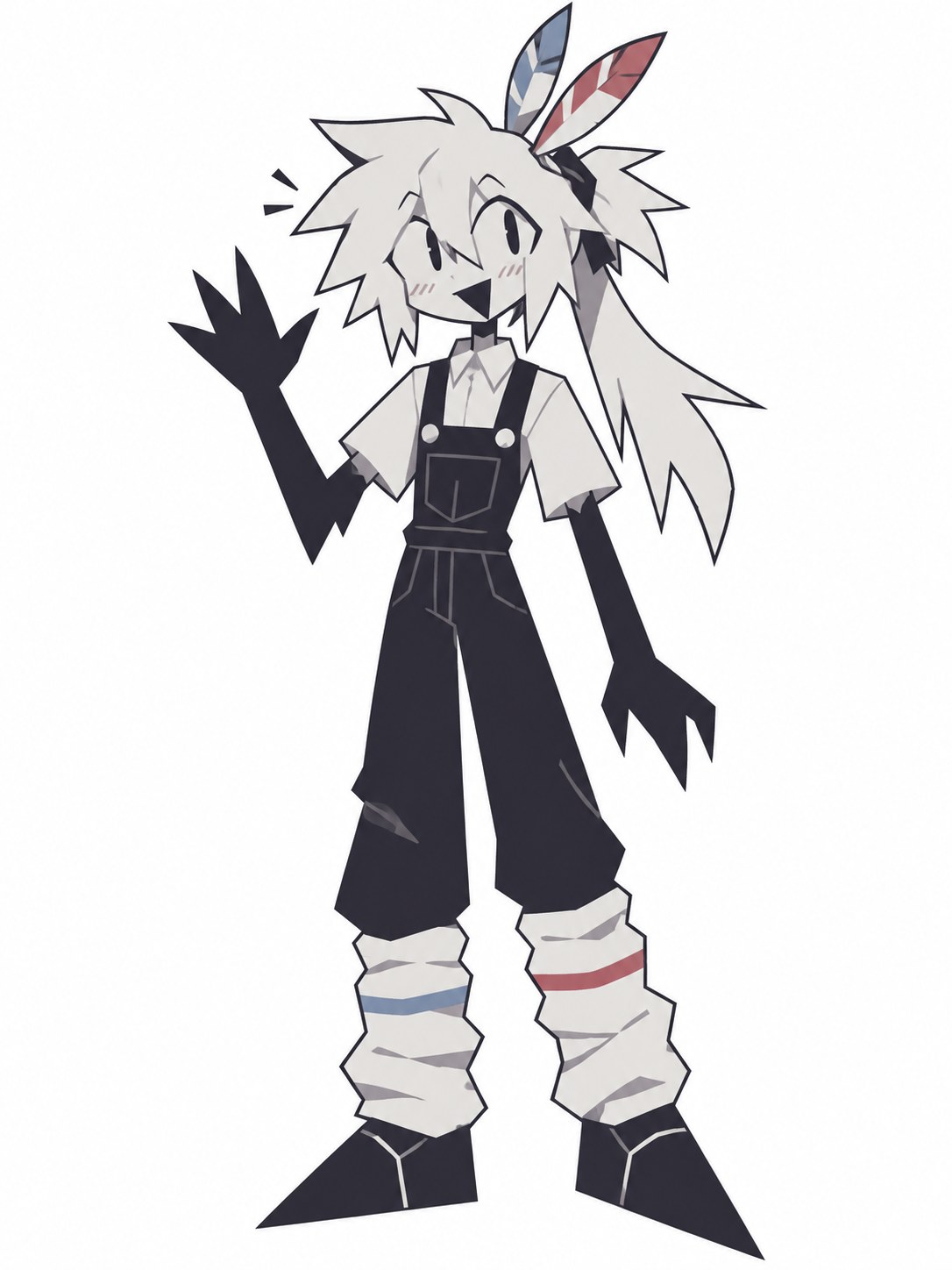 Engel waving a dark pointed hand, with white spiky hair, blue and red feathers, black overalls, and striped leg warmers.