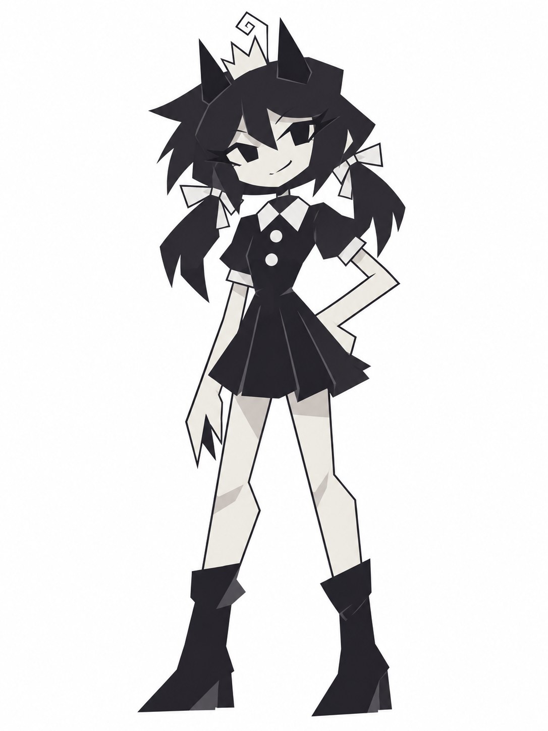 Lizzy with black twin tails and white bows, horns and a spiral-tipped crown, a black collared dress, and pointed boots.