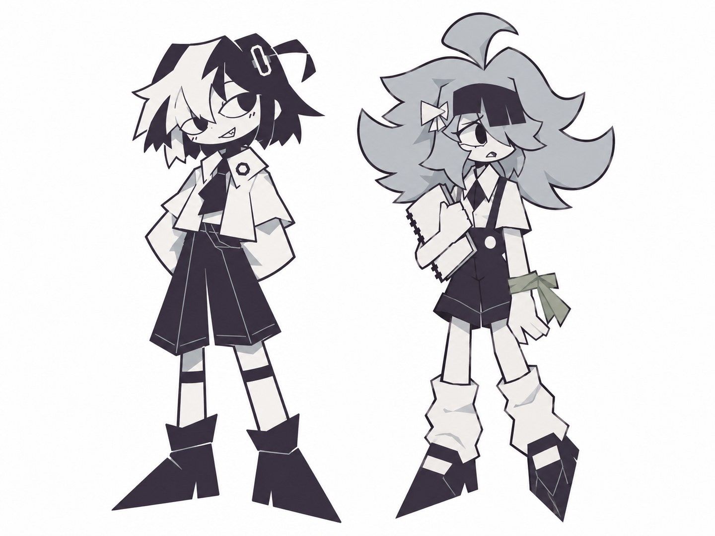 Two student OCs with contrasting expressions: a smiling student with two-tone hair and a worried gray-haired student holding a sketchbook.