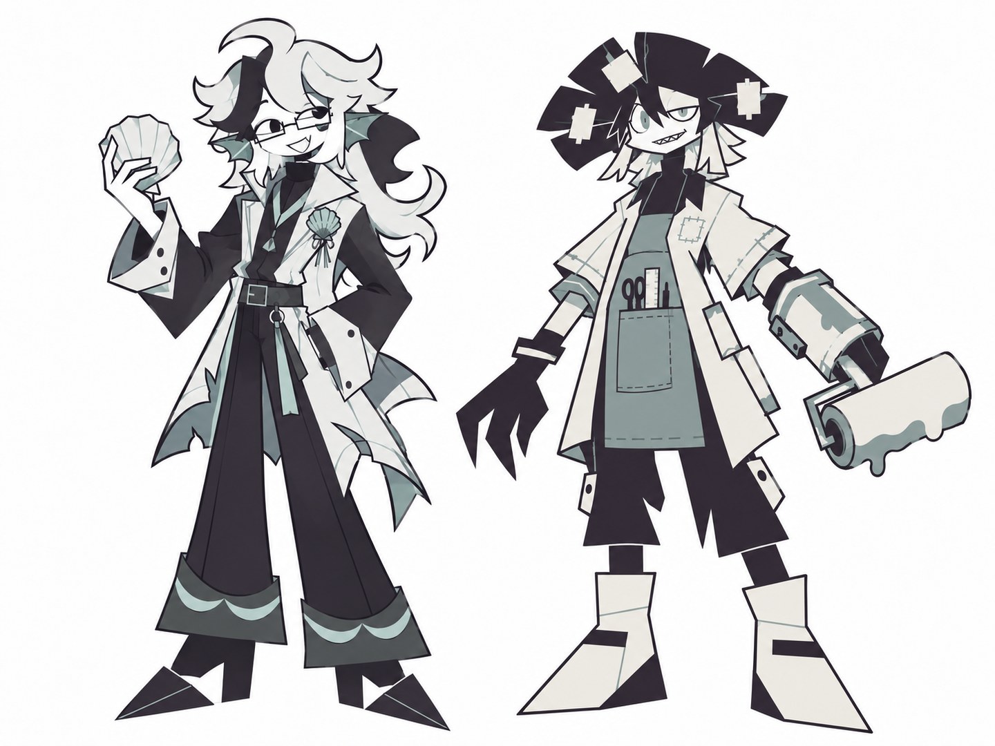 Two angular paper-style teacher OCs with muted green details: a shell-holding teacher and a crafts teacher with a roller and tool apron.