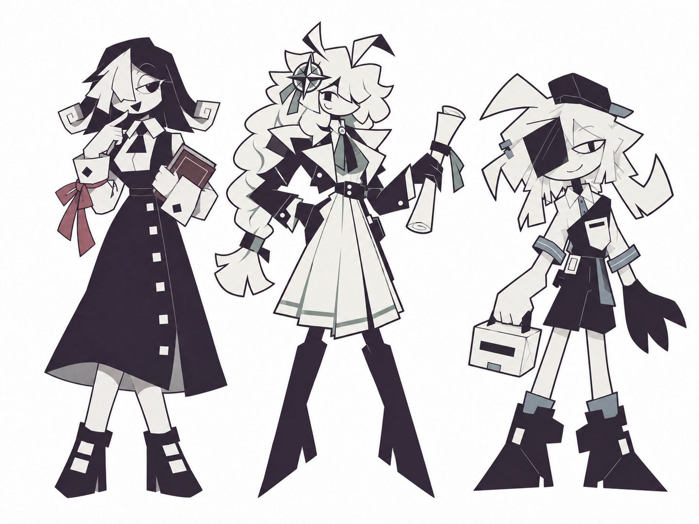 Three FPE-inspired characters: a teacher holding a book, a braided teacher holding a rolled map, and a student carrying a lunchbox.