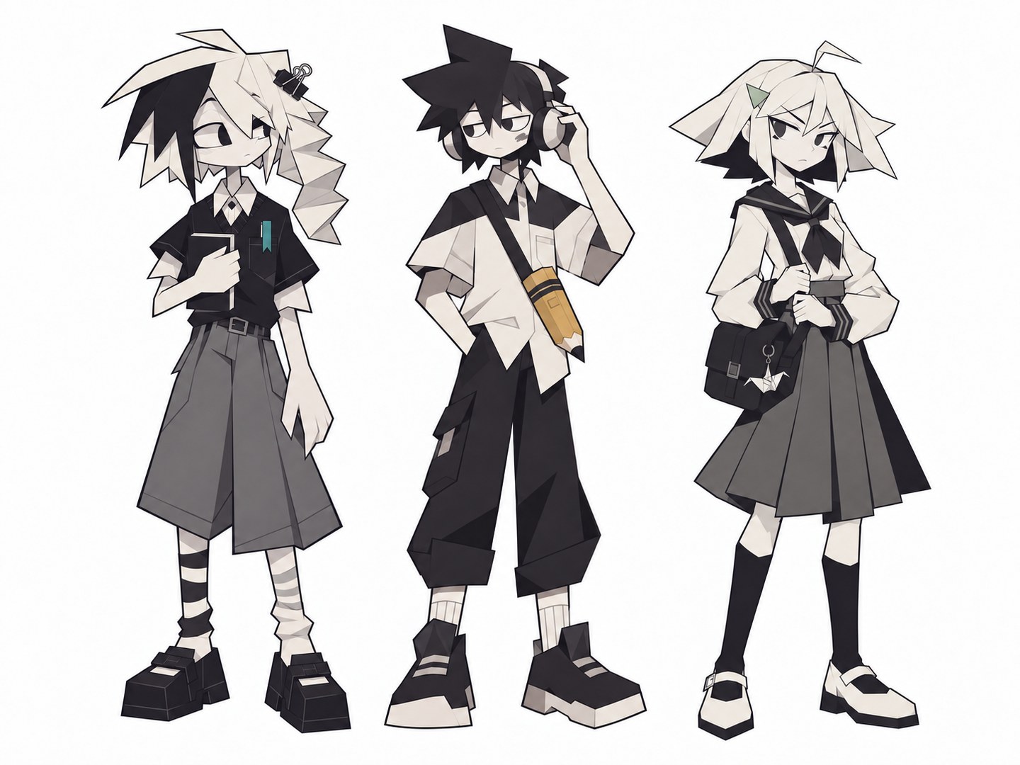 Three paper-style student OCs with a book, headphones and pencil-shaped bag, and a sailor uniform with an origami crane bag charm.