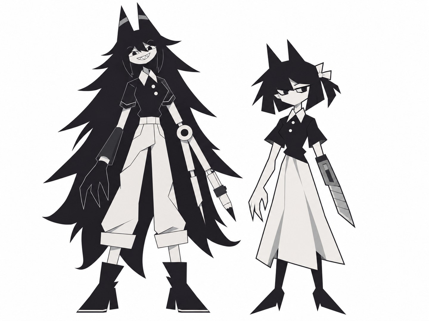 Miss Circle and Miss Bloomie in black-and-white full-body illustrations