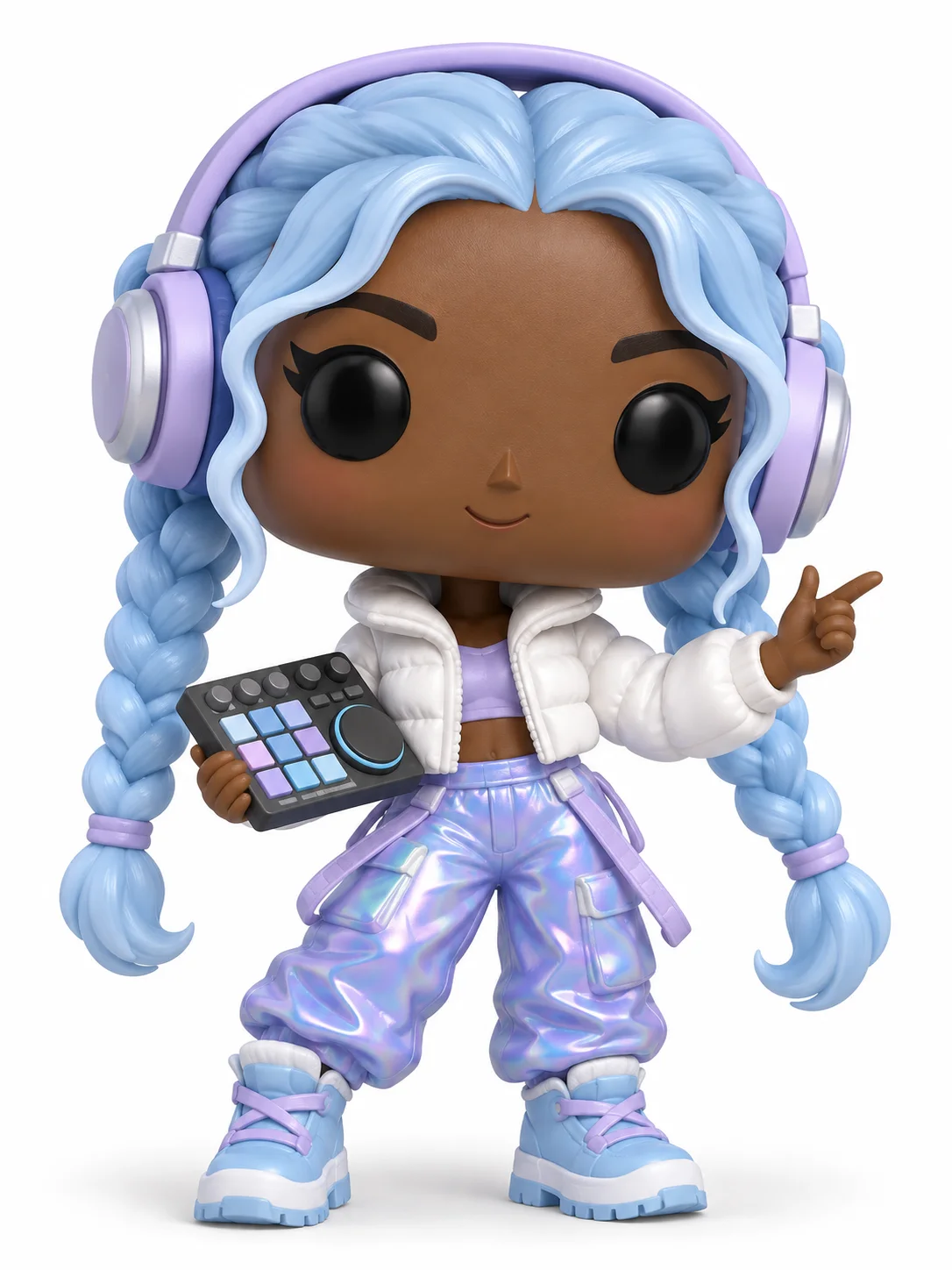 Funko Pop Maker example of Lumi Pulse with icy-blue braids, lavender headphones, a white puffer, iridescent trousers, and a music pad