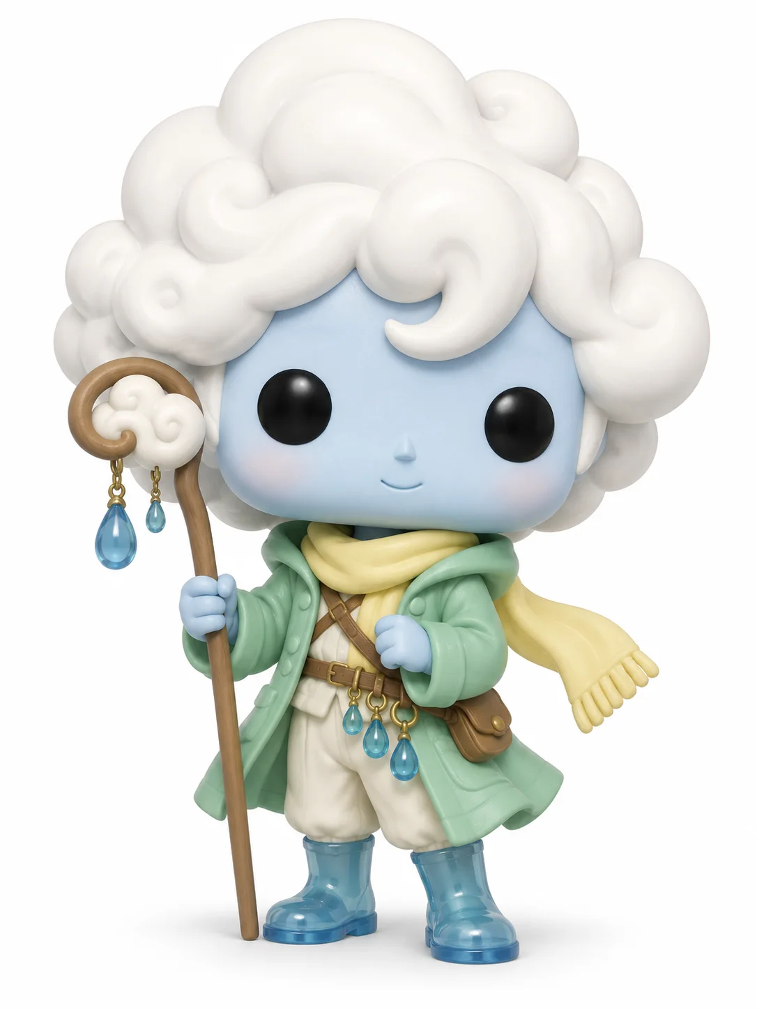 Funko Pop Maker example of Nimbus Reed with cloud-shaped white hair, a mint raincoat, yellow scarf, blue rain boots, and a raindrop crook