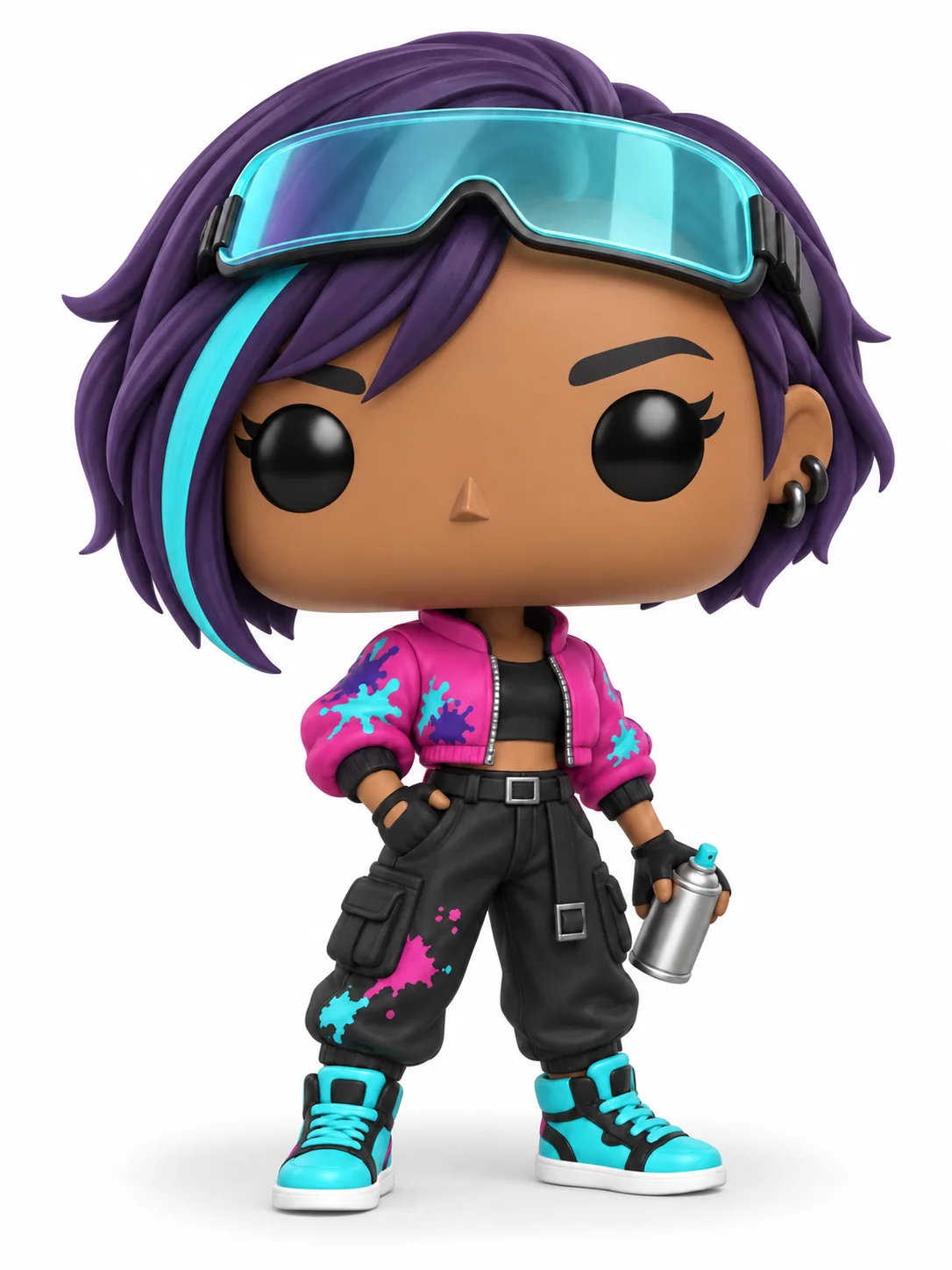 Funko Pop Maker example of Nova Vale with violet hair, a magenta jacket, black cargo trousers, and turquoise sneakers