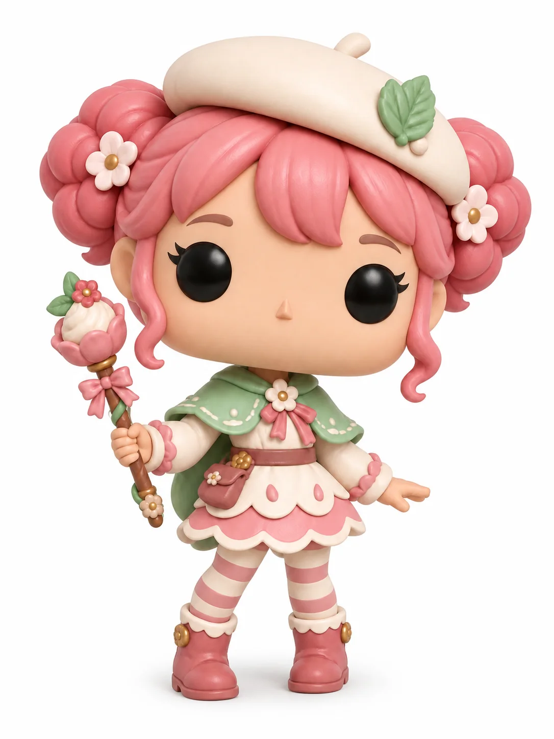 Funko Pop Maker example of Pip Petal with pink side buns, a mint capelet, scalloped dress, striped stockings, and flower wand