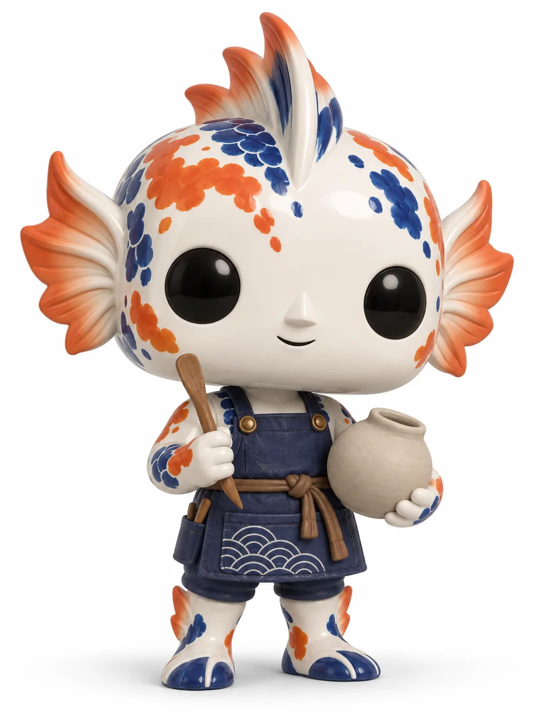 Funko Pop Maker example of Reef Kiln with koi fins, blue-and-orange ceramic markings, an indigo apron, and a clay pot