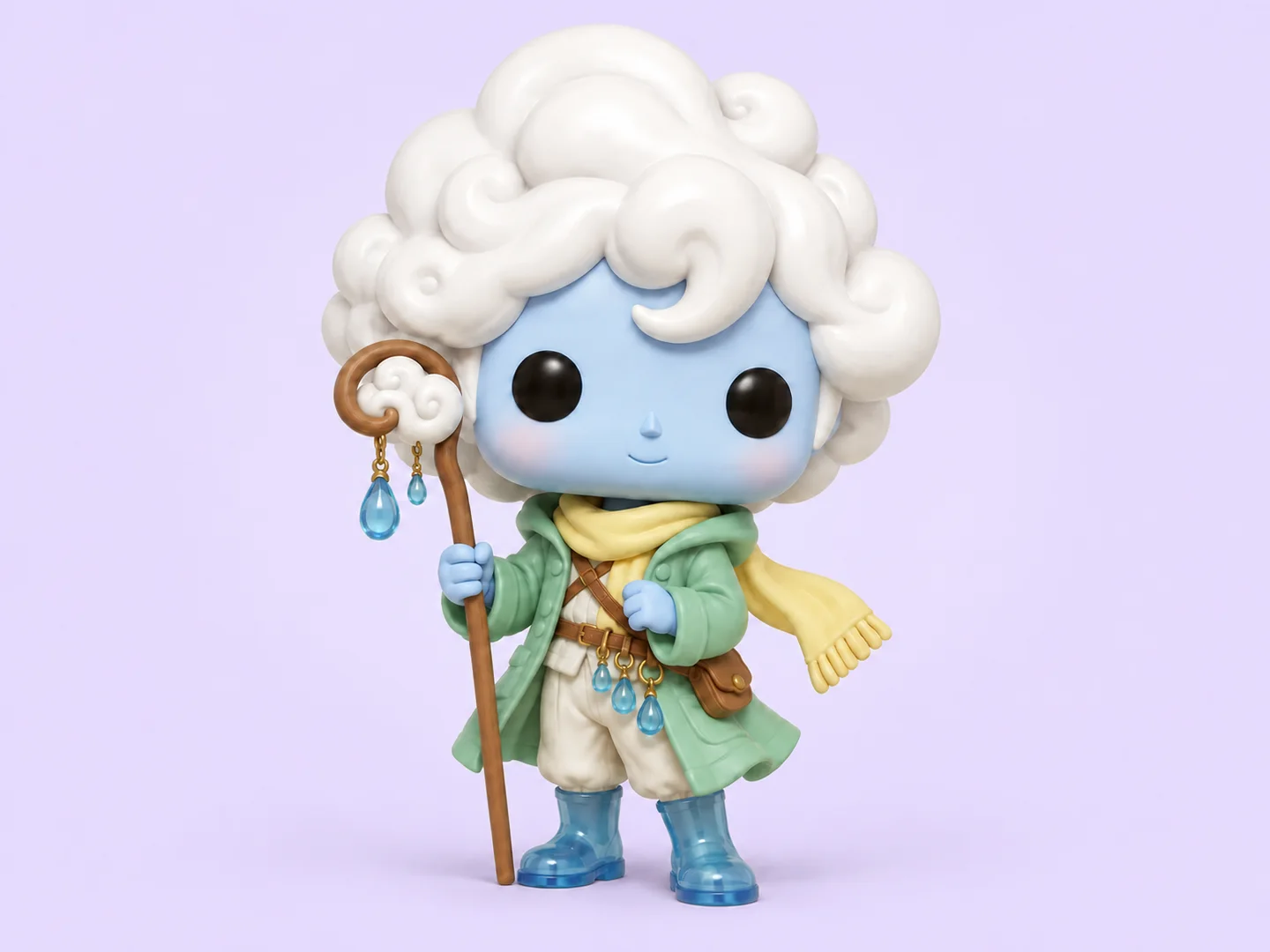 Original cloud shepherd collectible character with white cloud-shaped hair, mint raincoat, yellow scarf, blue boots, and raindrop crook