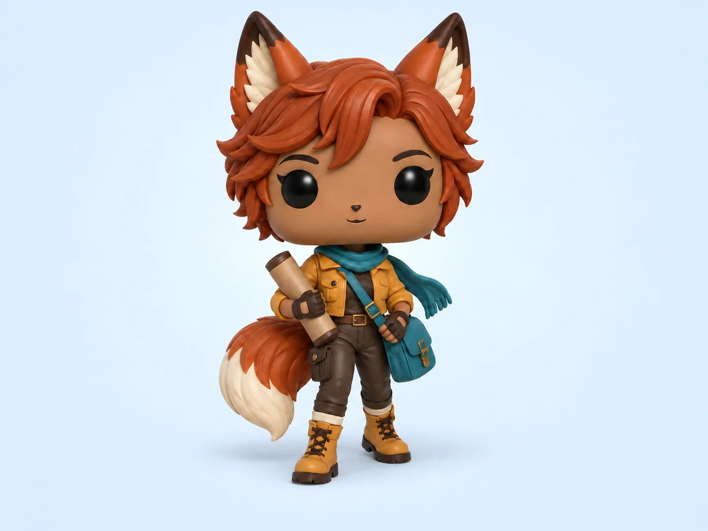 Original fox courier collectible character with orange hair and ears, mustard jacket, teal scarf and satchel, map tube, and fox tail