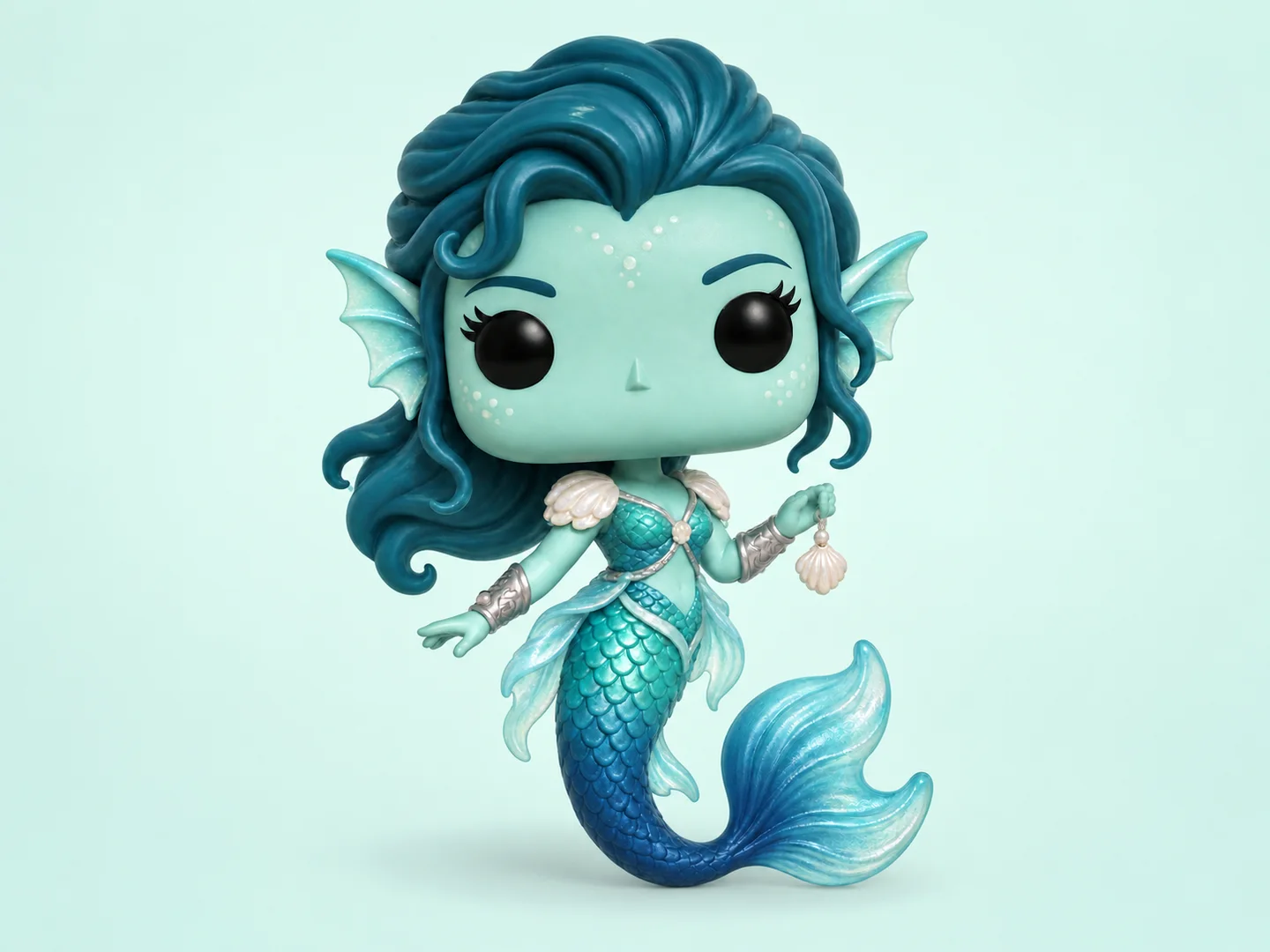Original merfolk collectible character with teal hair, aqua scales, fin-shaped ears, shell armor, and a blue tail