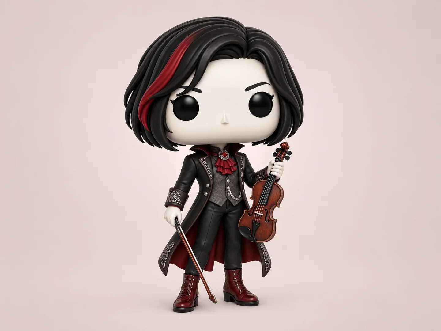 Original gothic musician collectible character with black-and-red hair, a long black coat, burgundy boots, violin, and bow