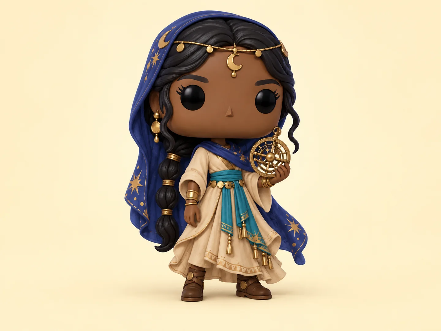 Original desert stargazer collectible character with a navy star-patterned veil, cream robes, turquoise sash, and brass astrolabe