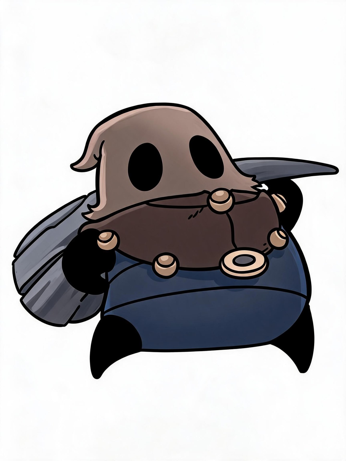 Cloth with a brown face-covering hood, a round-fastened collar, a broad blue body and a large gray club