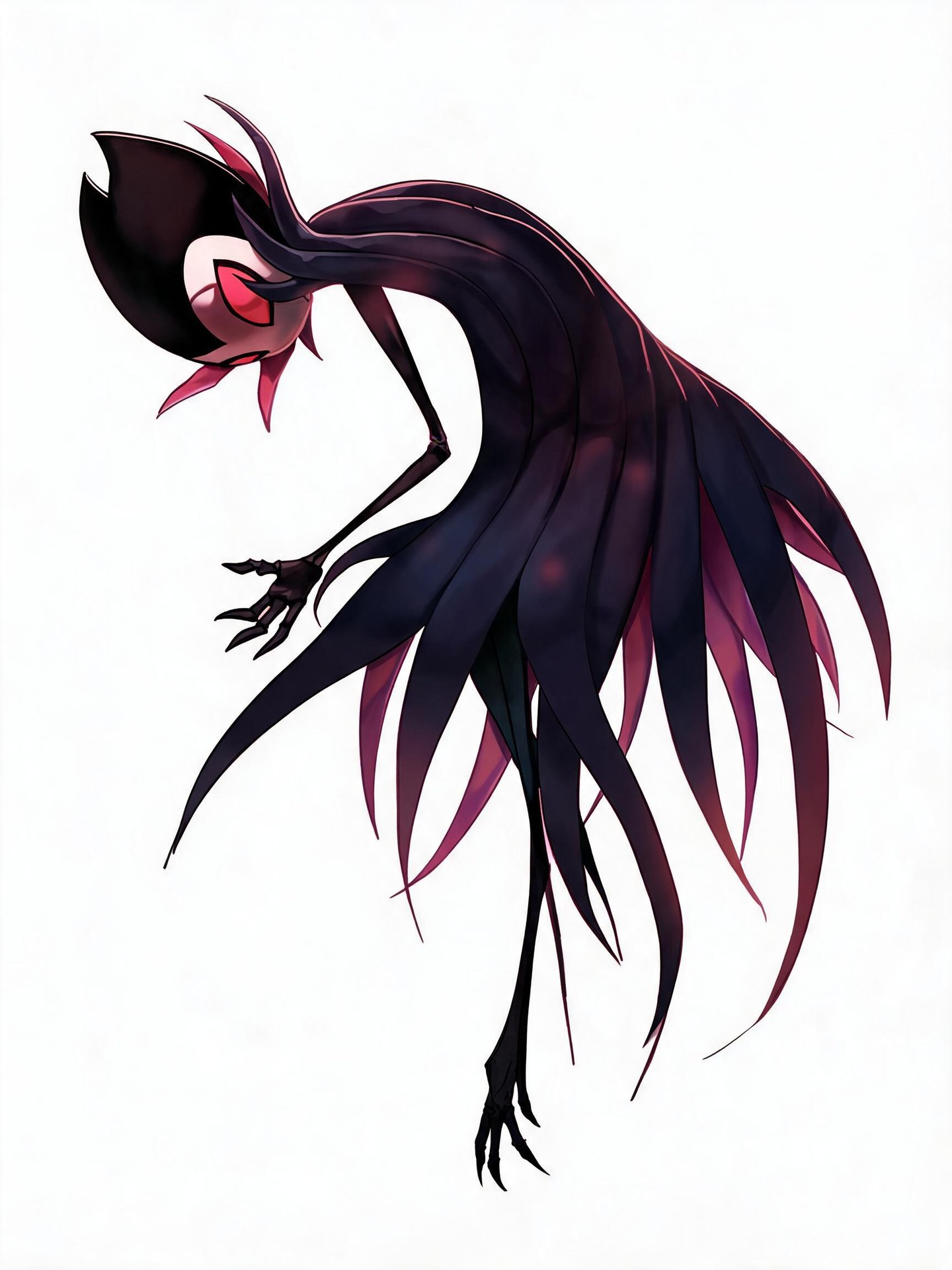 Troupe Master Grimm bowing in a pointed dark cloak, with a pale face, red eye and slender clawed limbs